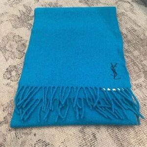 Vintage Yves Saint Laurent YSL Blue Wool Logo Fringe Scarf 70”x 11”
